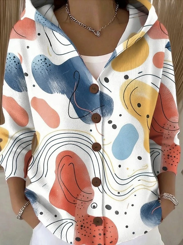 Women's Hooded Cardigan Button Front Long Sleeve Printed Casual Everyday Top