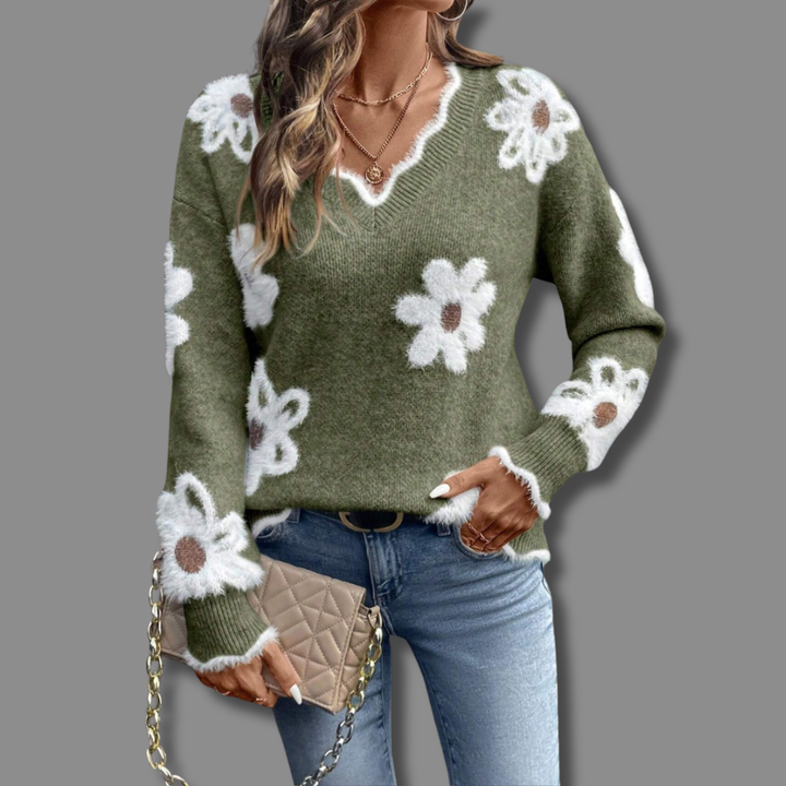 Trie | Women's Floral Applique V-Neck Sweater