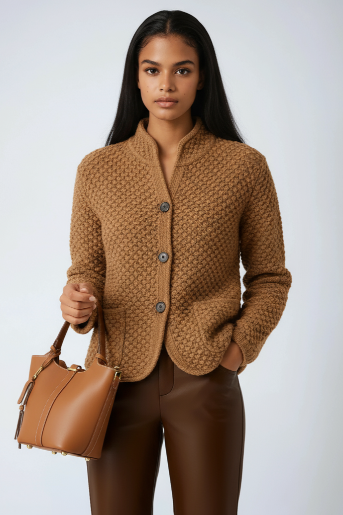 Women's Wool Cardigan Button Front Knit Jacket – Stand Collar Long Sleeve