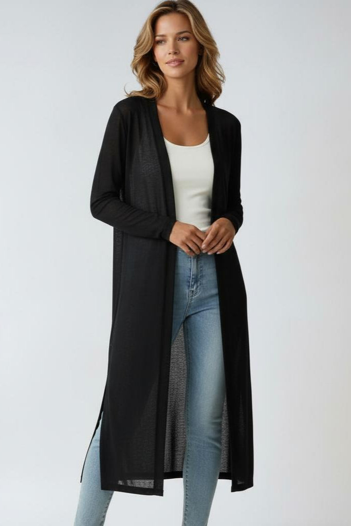 Women's Long Cardigan Open Front Long Sleeve Side Slit Knit Duster