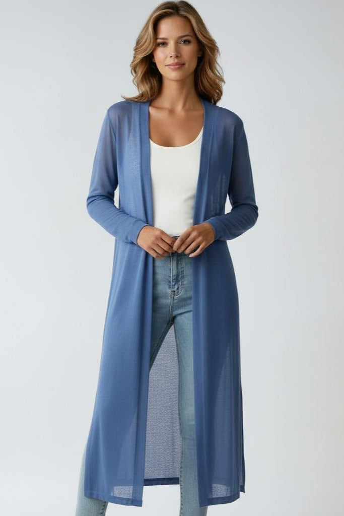 Women's Long Cardigan Open Front Long Sleeve Side Slit Knit Duster