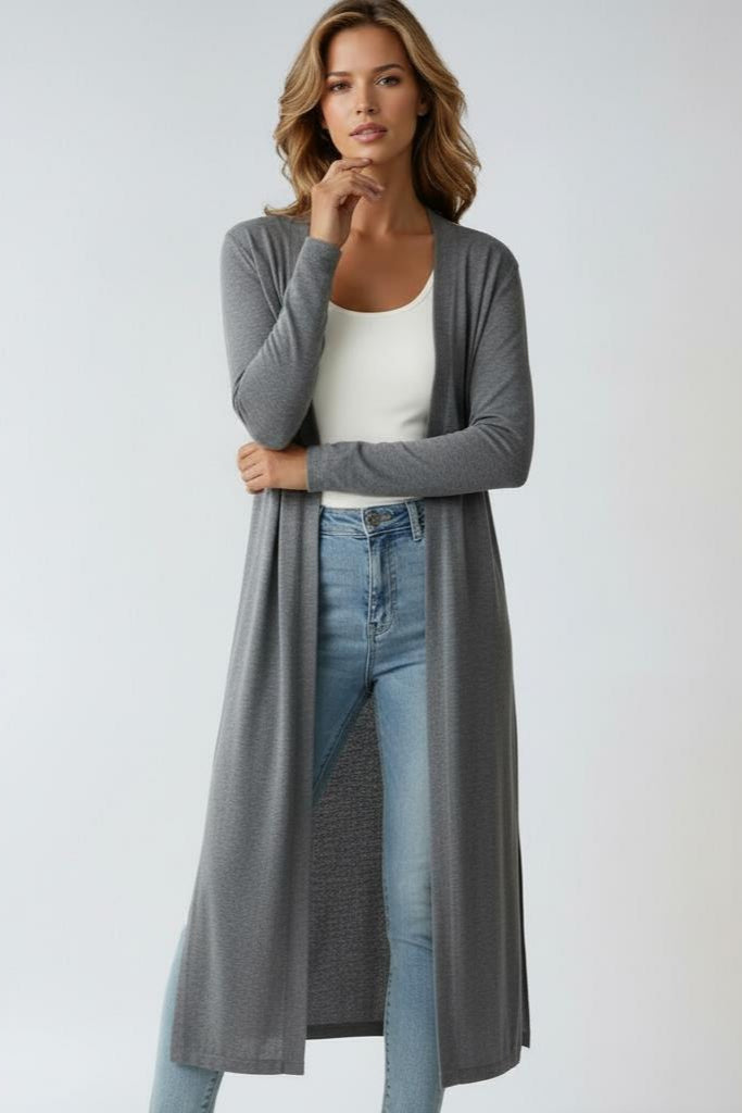 Women's Long Cardigan Open Front Long Sleeve Side Slit Knit Duster