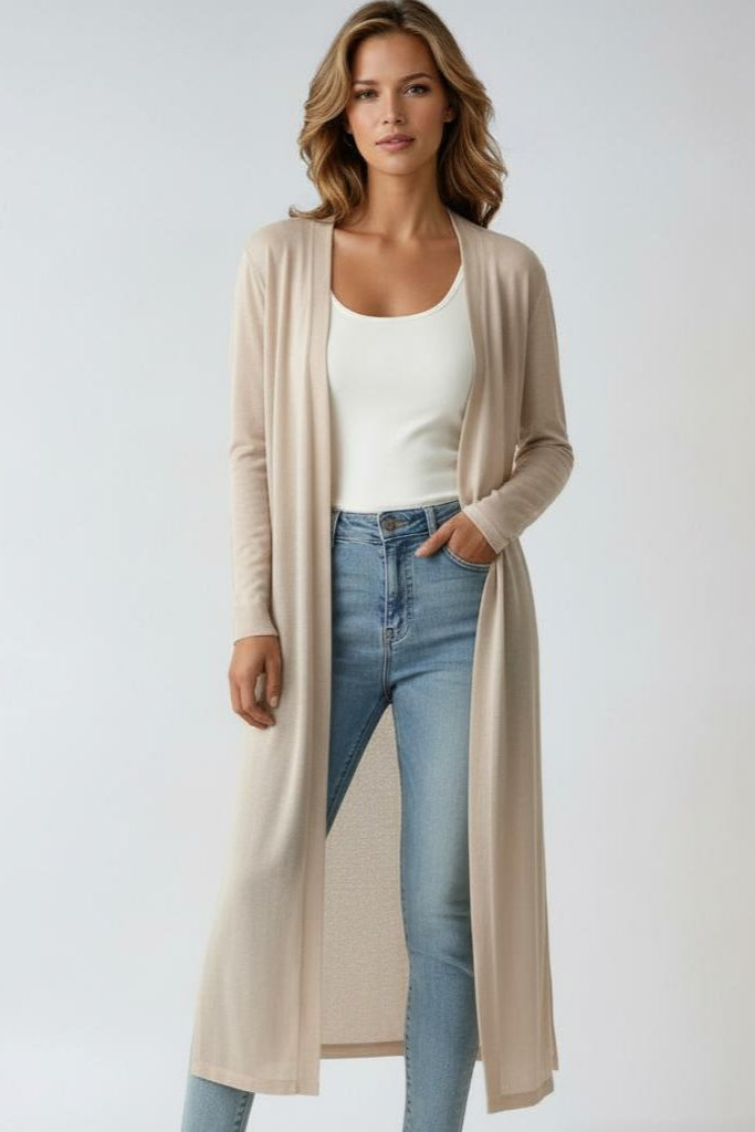 Women's Long Cardigan Open Front Long Sleeve Side Slit Knit Duster