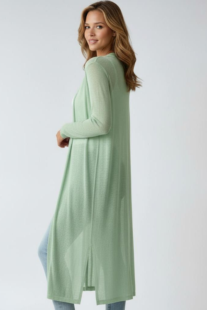 Women's Long Cardigan Open Front Long Sleeve Side Slit Knit Duster
