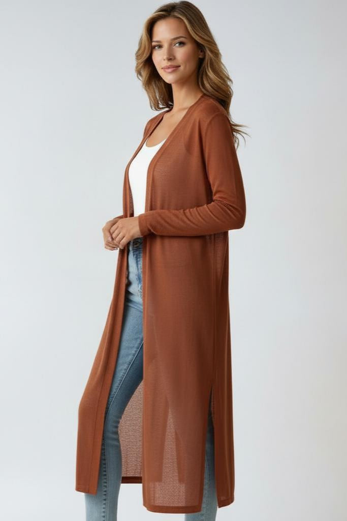 Women's Long Cardigan Open Front Long Sleeve Side Slit Knit Duster