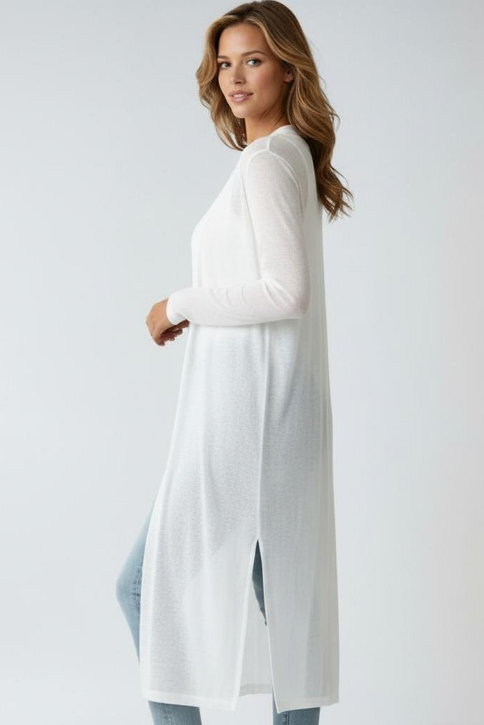 Women's Long Cardigan Open Front Long Sleeve Side Slit Knit Duster