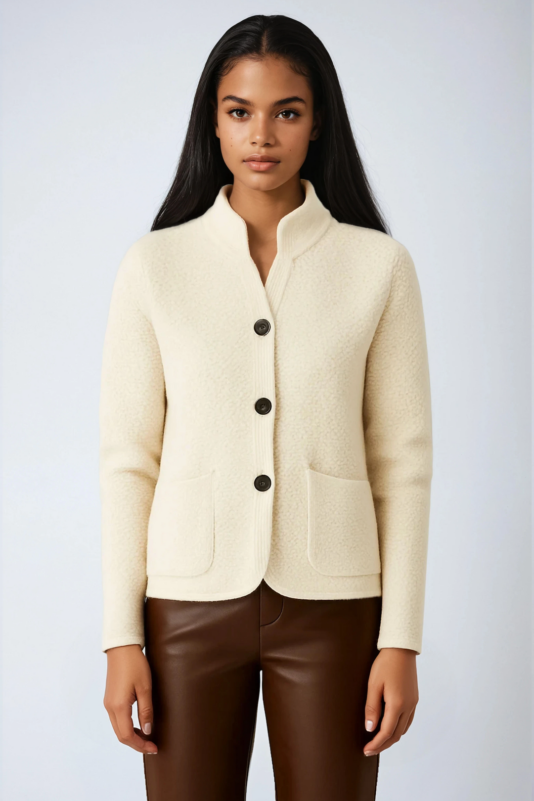 Women's Wool Cardigan Button Front Knit Jacket – Stand Collar Long Sleeve
