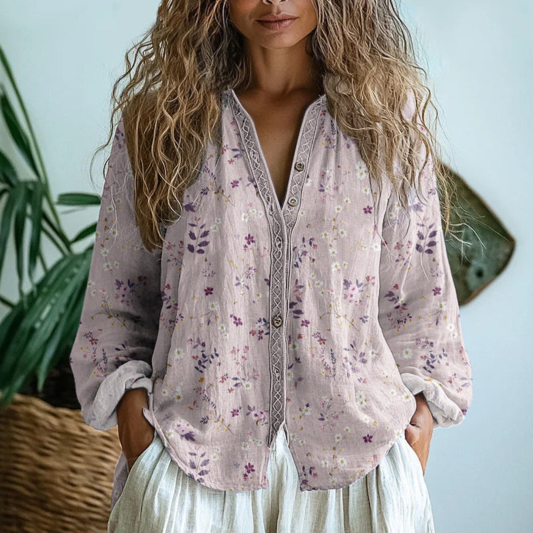 Evelyn | Floral V-Neck Button-Down Linen Blouse for Women