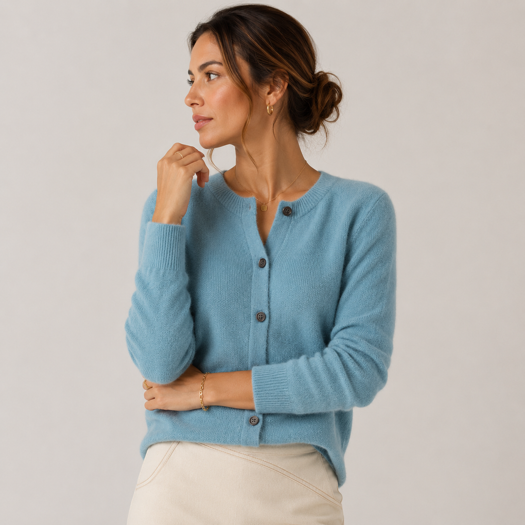 Women's Cashmere Look Cardigan Crew Neck Long Sleeve Button Front Knit Sweater