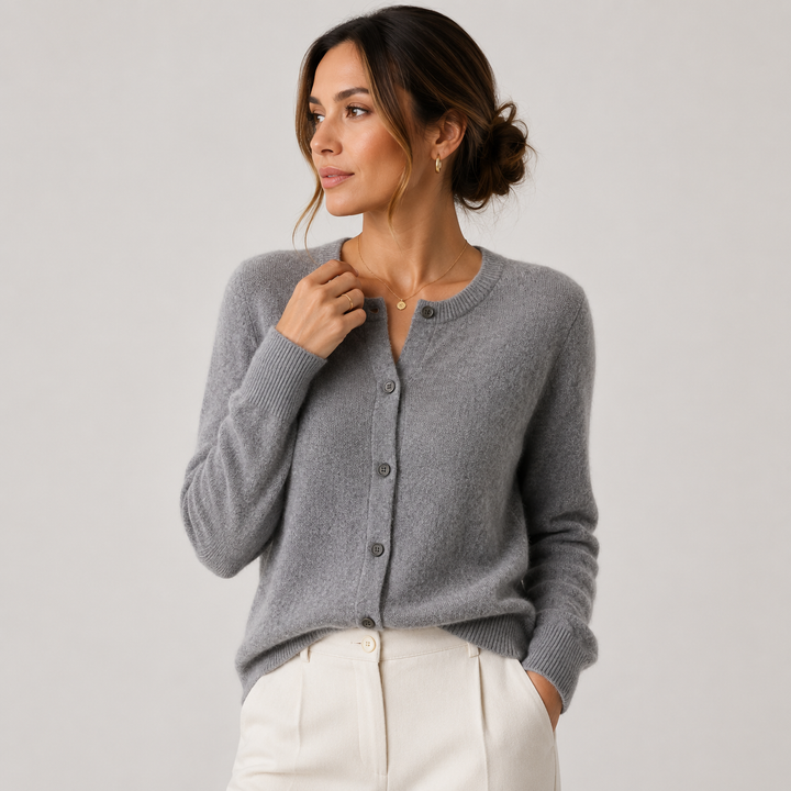 Women's Cashmere Look Cardigan Crew Neck Long Sleeve Button Front Knit Sweater