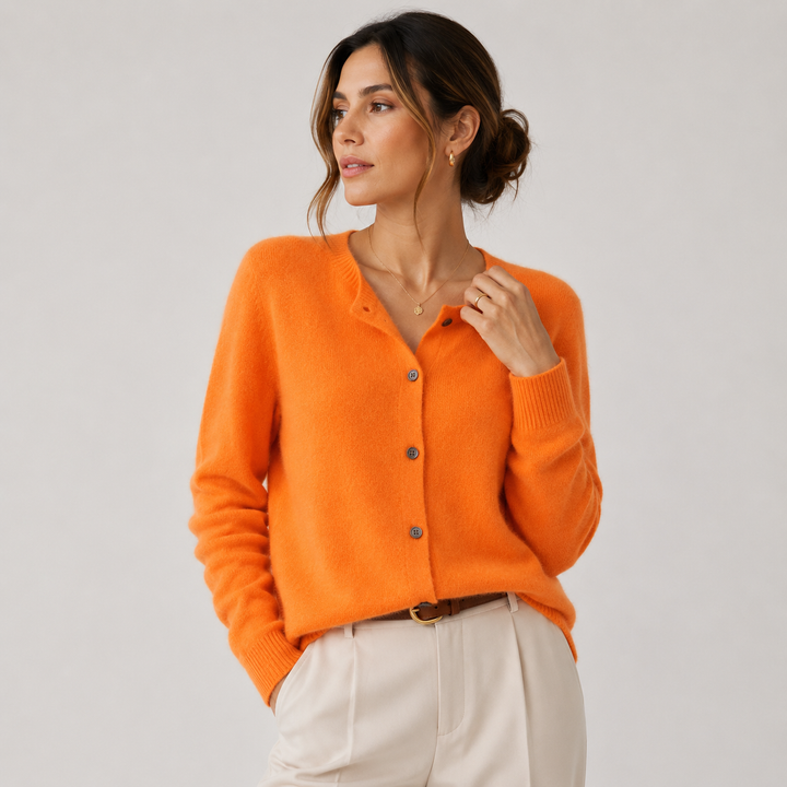 Women's Cashmere Look Cardigan Crew Neck Long Sleeve Button Front Knit Sweater