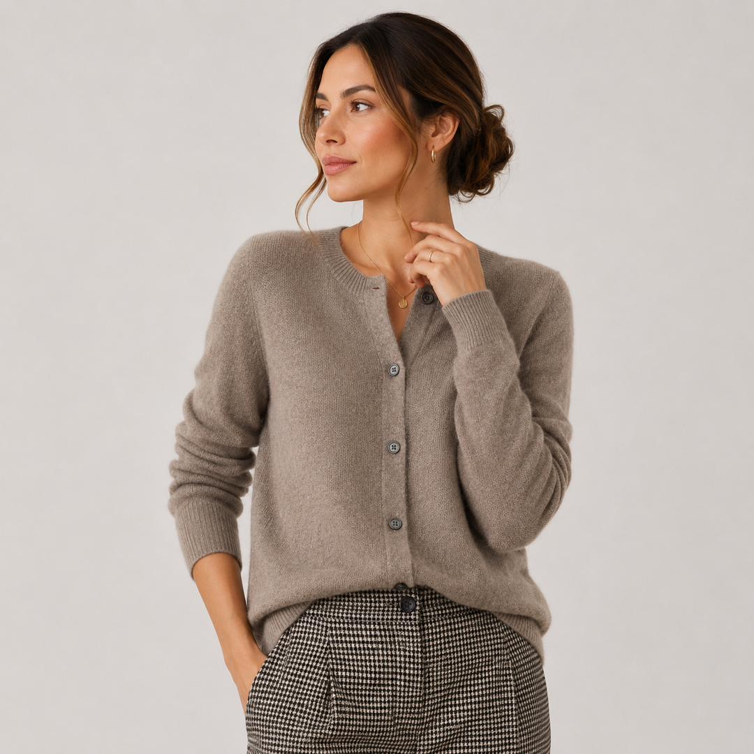 Women's Cashmere Look Cardigan Crew Neck Long Sleeve Button Front Knit Sweater
