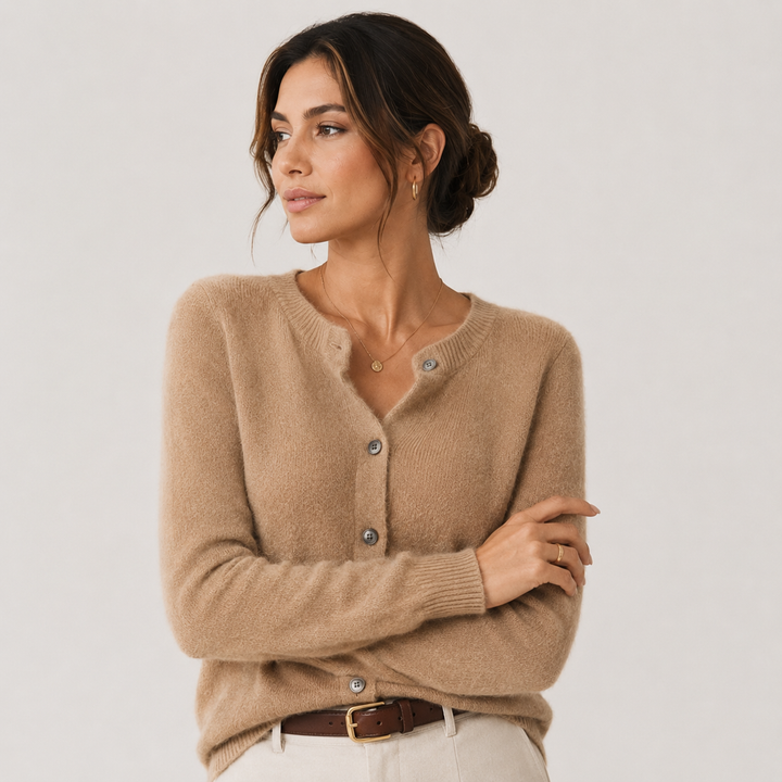 Women's Cashmere Look Cardigan Crew Neck Long Sleeve Button Front Knit Sweater