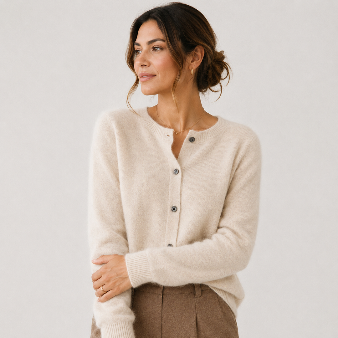 Women's Cashmere Look Cardigan Crew Neck Long Sleeve Button Front Knit Sweater