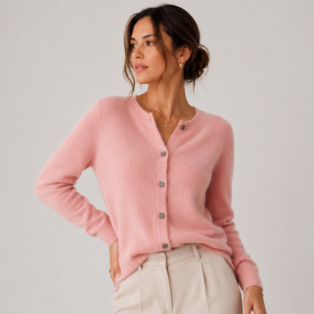 Women's Cashmere Look Cardigan Crew Neck Long Sleeve Button Front Knit Sweater