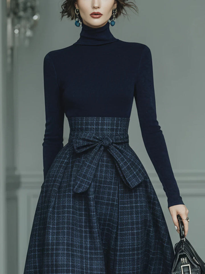 Lila Turtleneck Stretch Top & Plaid Skirt Set