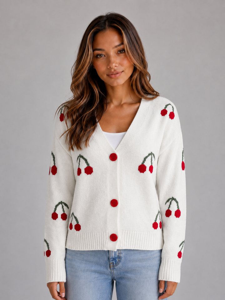 Women's Cherry Print Cardigan V-Neck Button Front Long Sleeve Knit