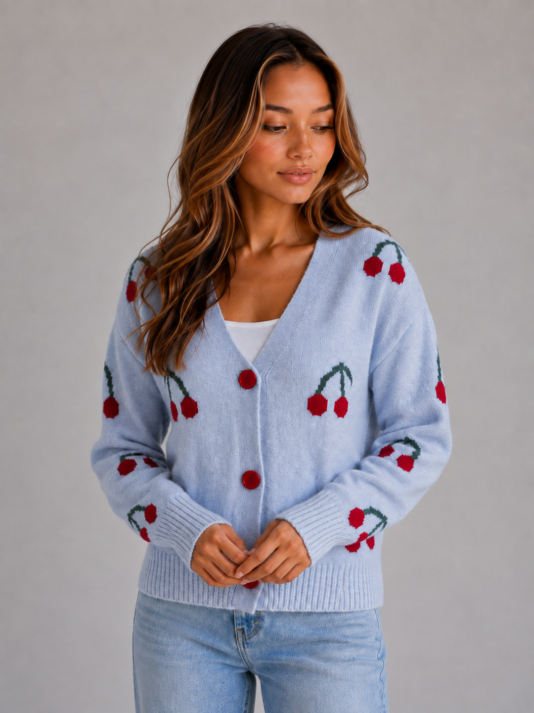 Women's Cherry Print Cardigan V-Neck Button Front Long Sleeve Knit