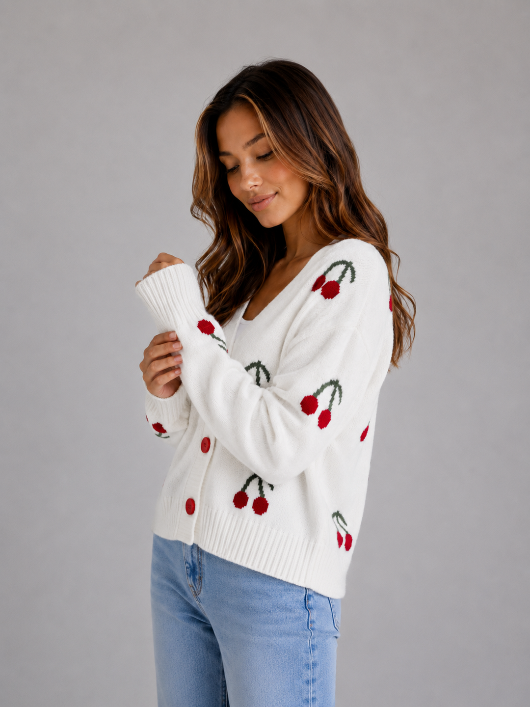 Women's Cherry Print Cardigan V-Neck Button Front Long Sleeve Knit