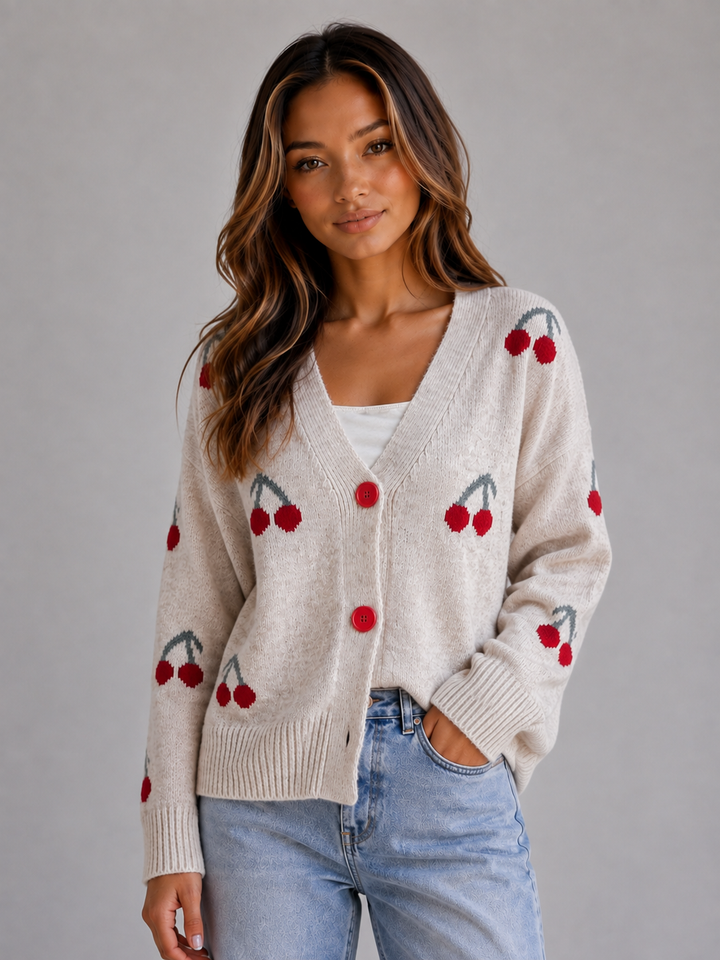 Women's Cherry Print Cardigan V-Neck Button Front Long Sleeve Knit