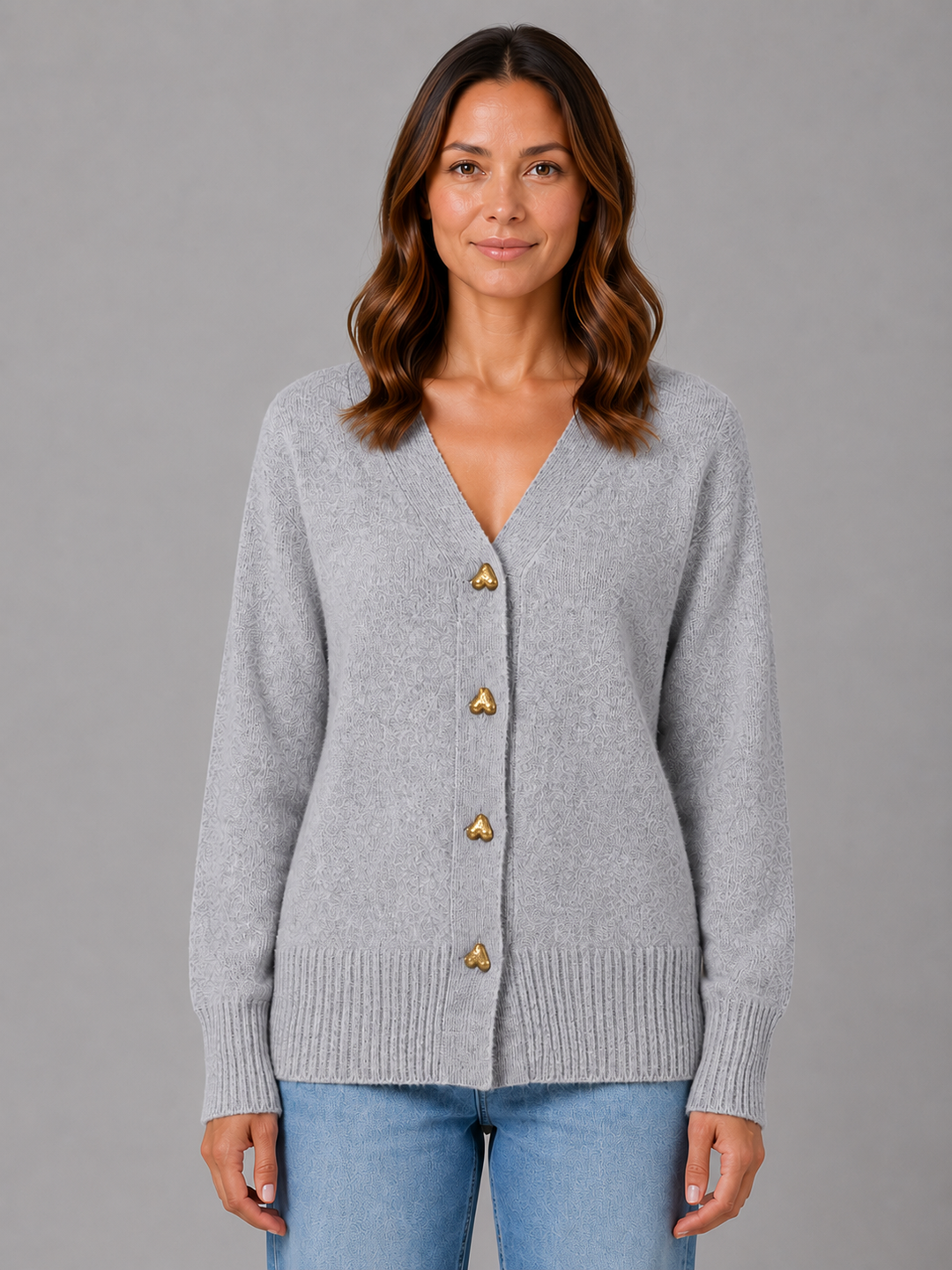 Women's Heart Button Cardigan V-Neck Long Sleeve Knit Gray Casual