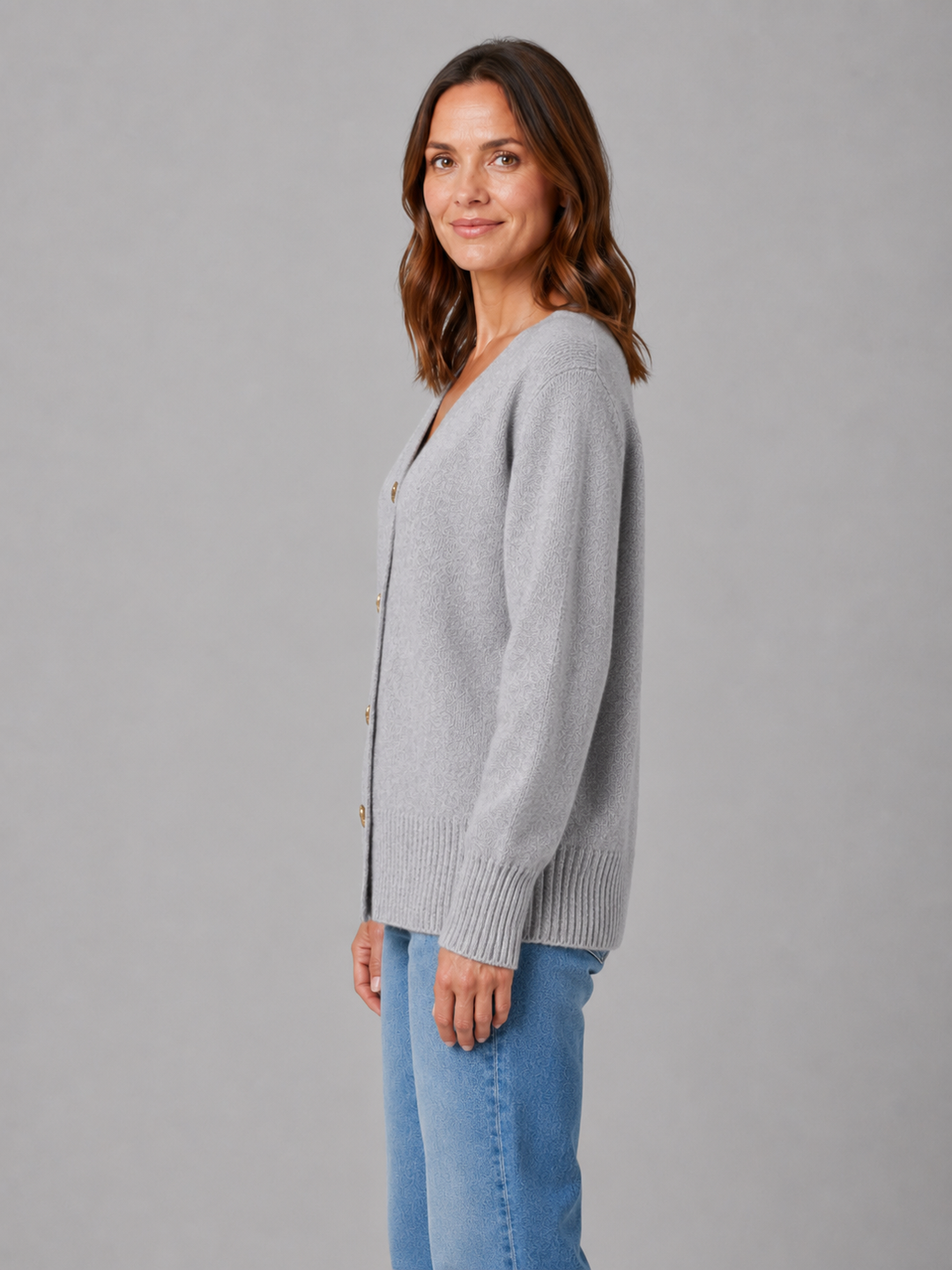 Women's Heart Button Cardigan V-Neck Long Sleeve Knit Gray Casual
