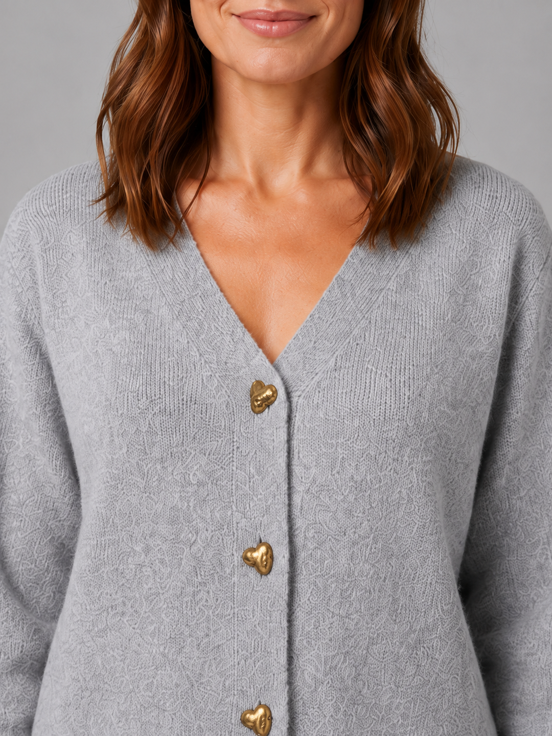 Women's Heart Button Cardigan V-Neck Long Sleeve Knit Gray Casual