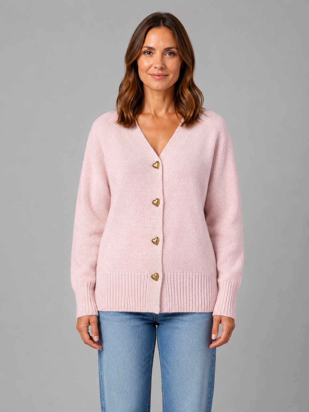 Women's Heart Button Cardigan V-Neck Long Sleeve Knit Gray Casual