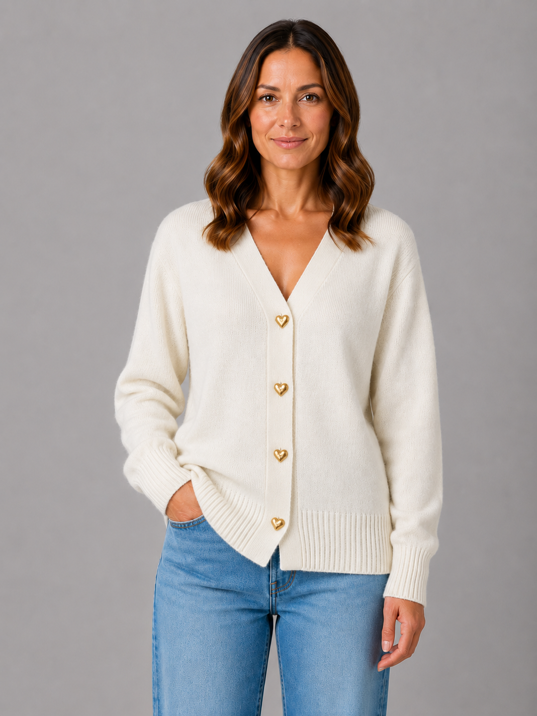 Women's Heart Button Cardigan V-Neck Long Sleeve Knit Gray Casual