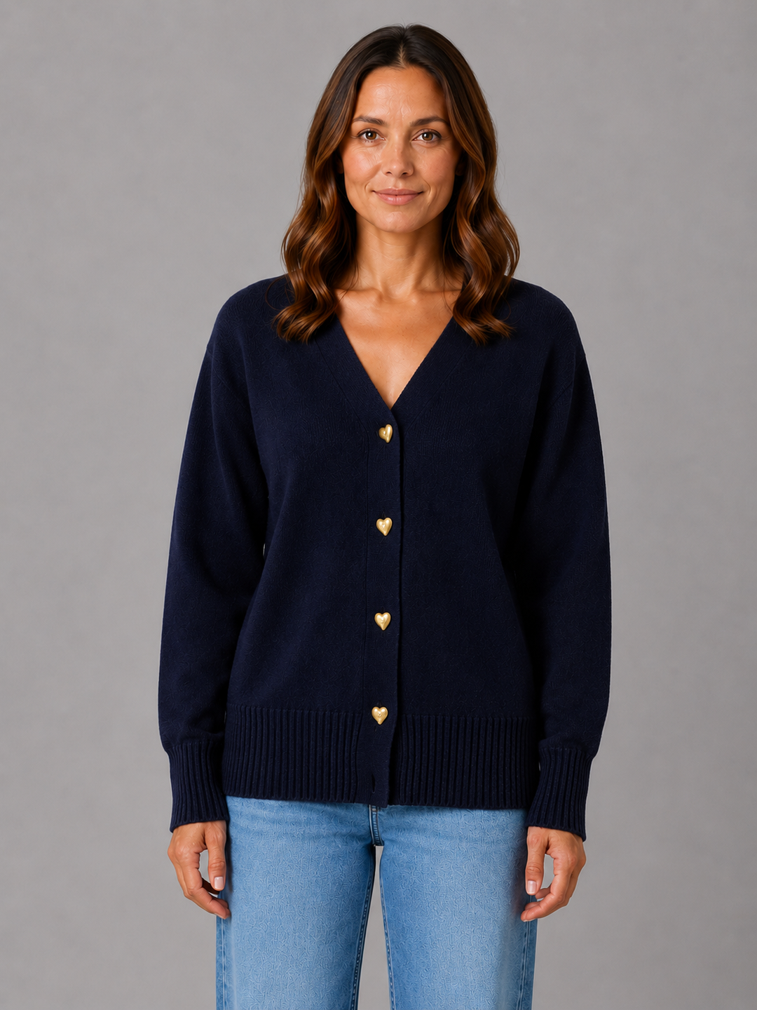 Women's Heart Button Cardigan V-Neck Long Sleeve Knit Gray Casual