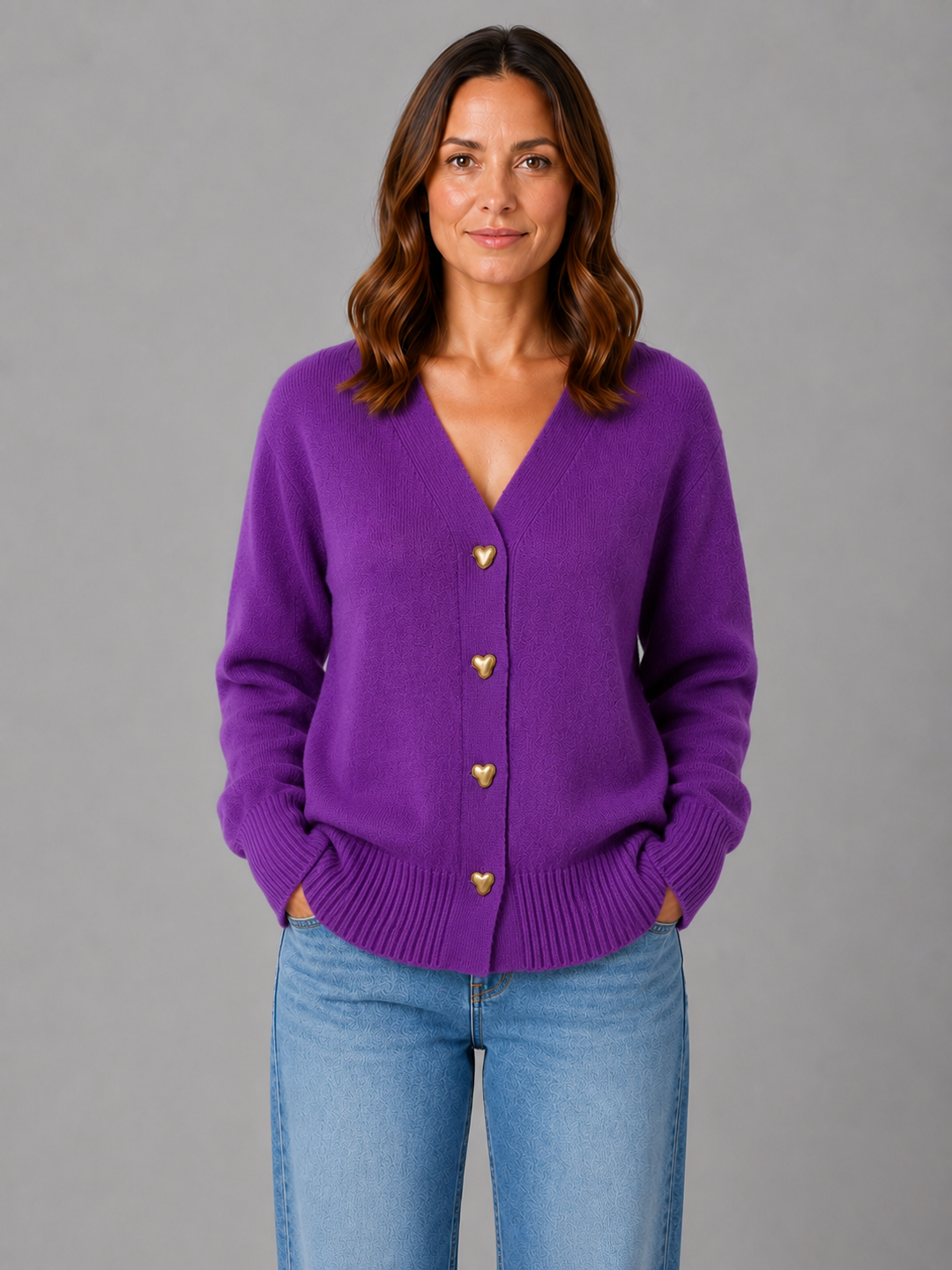 Women's Heart Button Cardigan V-Neck Long Sleeve Knit Gray Casual
