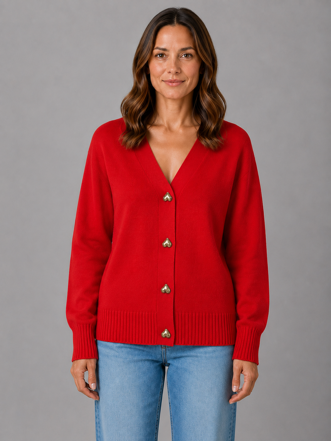 Women's Heart Button Cardigan V-Neck Long Sleeve Knit Gray Casual