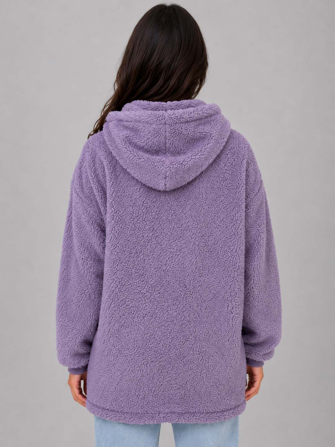 Women's Hooded Teddy Cardigan Longline Zip Plush Jacket with Pockets