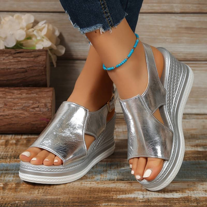 Metallic Crossover Cut Out Hook Loop Platform Wedge Sandal