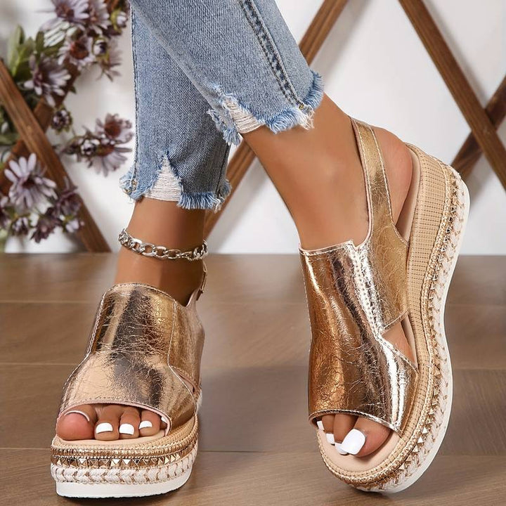Metallic Crossover Cut Out Hook Loop Platform Wedge Sandal