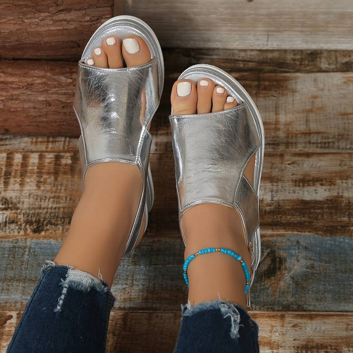 Metallic Crossover Cut Out Hook Loop Platform Wedge Sandal