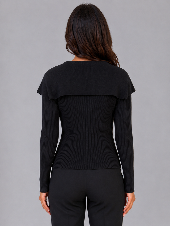 Women's Ribbed Knit Cardigan Gold Button Cape Collar V-Neck Long Sleeve Jumper