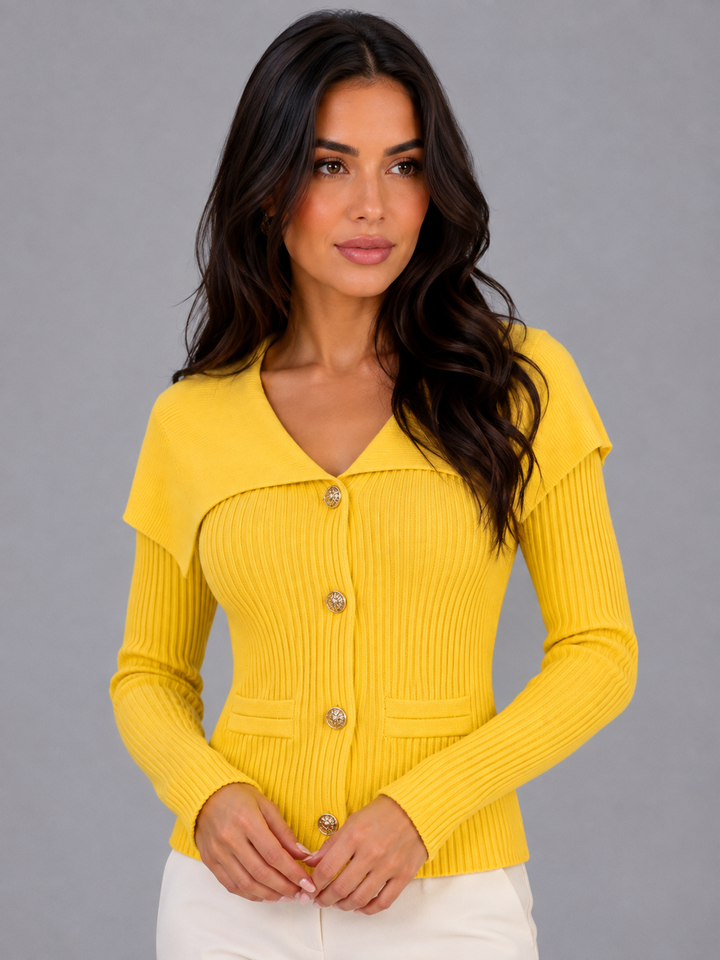 Women's Ribbed Knit Cardigan Gold Button Cape Collar V-Neck Long Sleeve Jumper