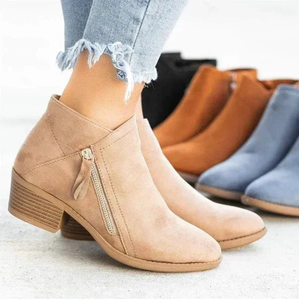 Suede Side Zip Block Heel Casual Ankle Boot