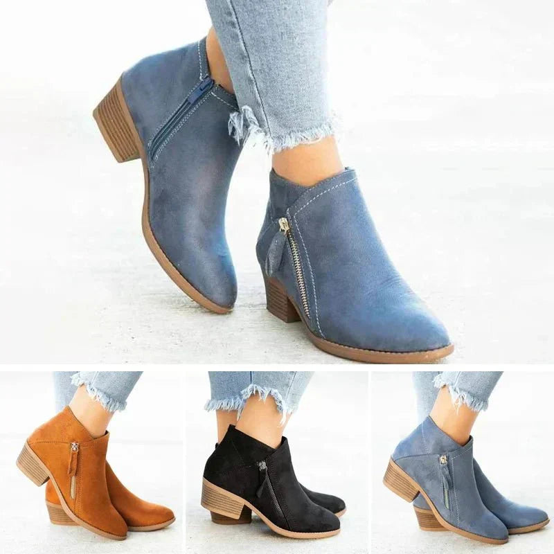 Suede Side Zip Block Heel Casual Ankle Boot