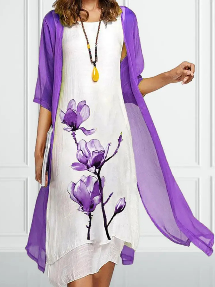 Daphne | Linen Midi Dress with Floral Print and Chiffon Cardigan Set for Women