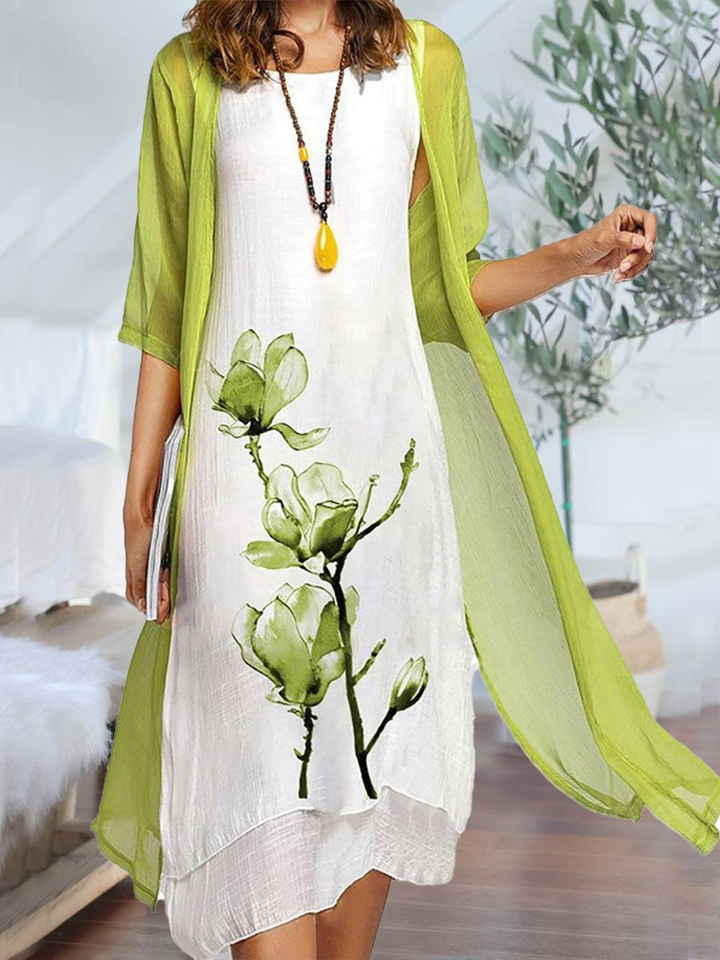 Daphne | Linen Midi Dress with Floral Print and Chiffon Cardigan Set for Women