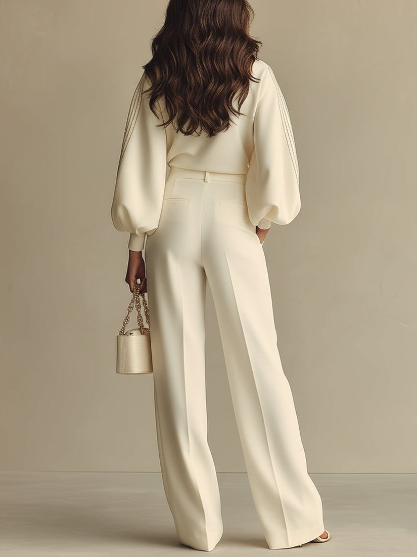 Sophie Ribbed Crew Neck Top and High-waisted Wide-leg Pants Suit