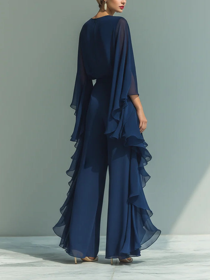 Nina Chiffon Bell-Sleeve Top and Ruffled Pants Set