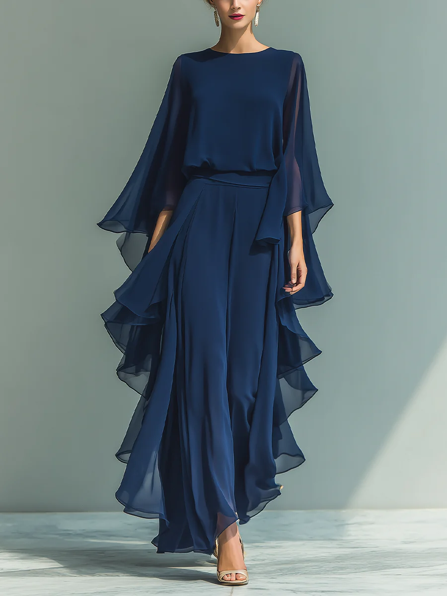 Nina Chiffon Bell-Sleeve Top and Ruffled Pants Set