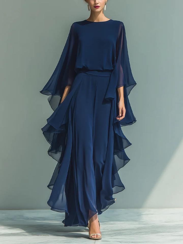 Nina Chiffon Bell-Sleeve Top and Ruffled Pants Set