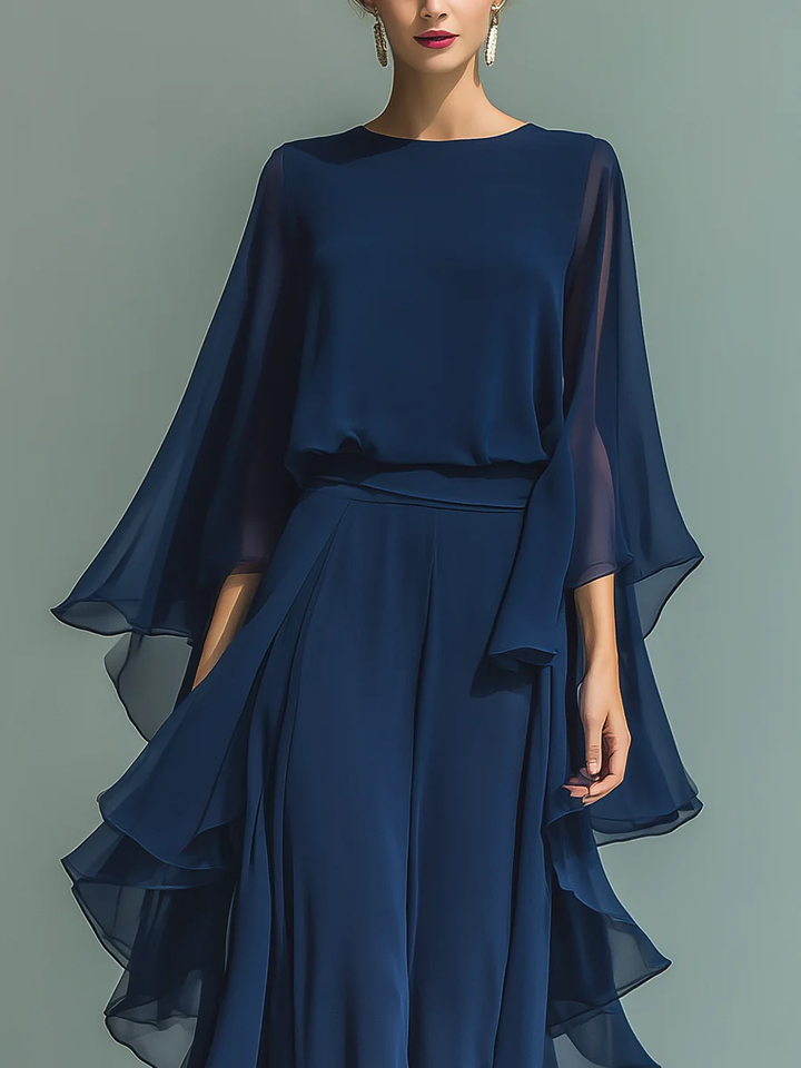 Nina Chiffon Bell-Sleeve Top and Ruffled Pants Set