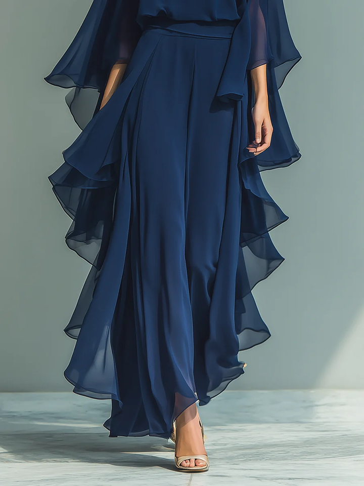 Nina Chiffon Bell-Sleeve Top and Ruffled Pants Set
