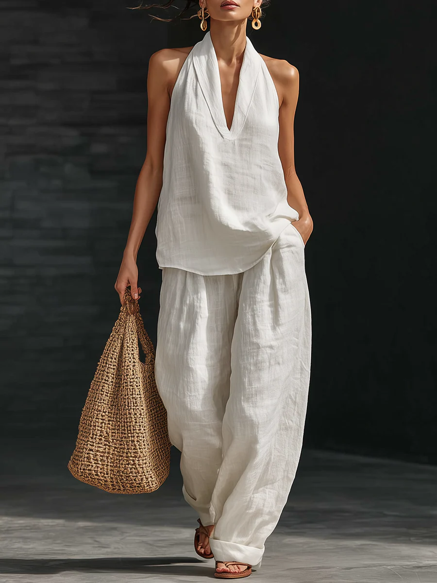 Lila V-neck Sleeveless Top and Wide-leg Pants Set