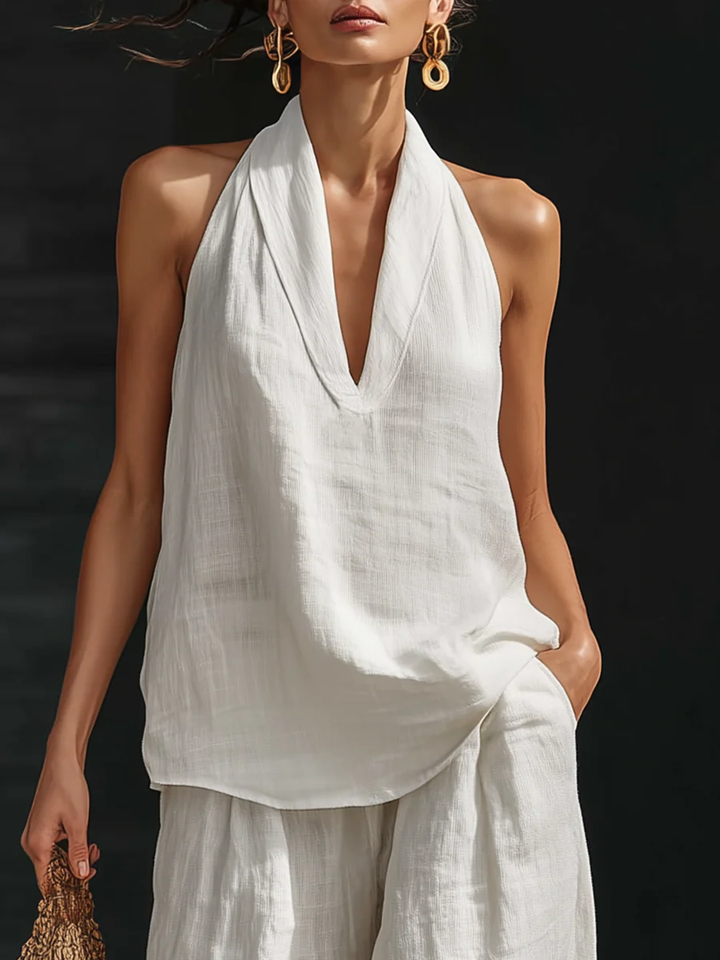 Lila V-neck Sleeveless Top and Wide-leg Pants Set